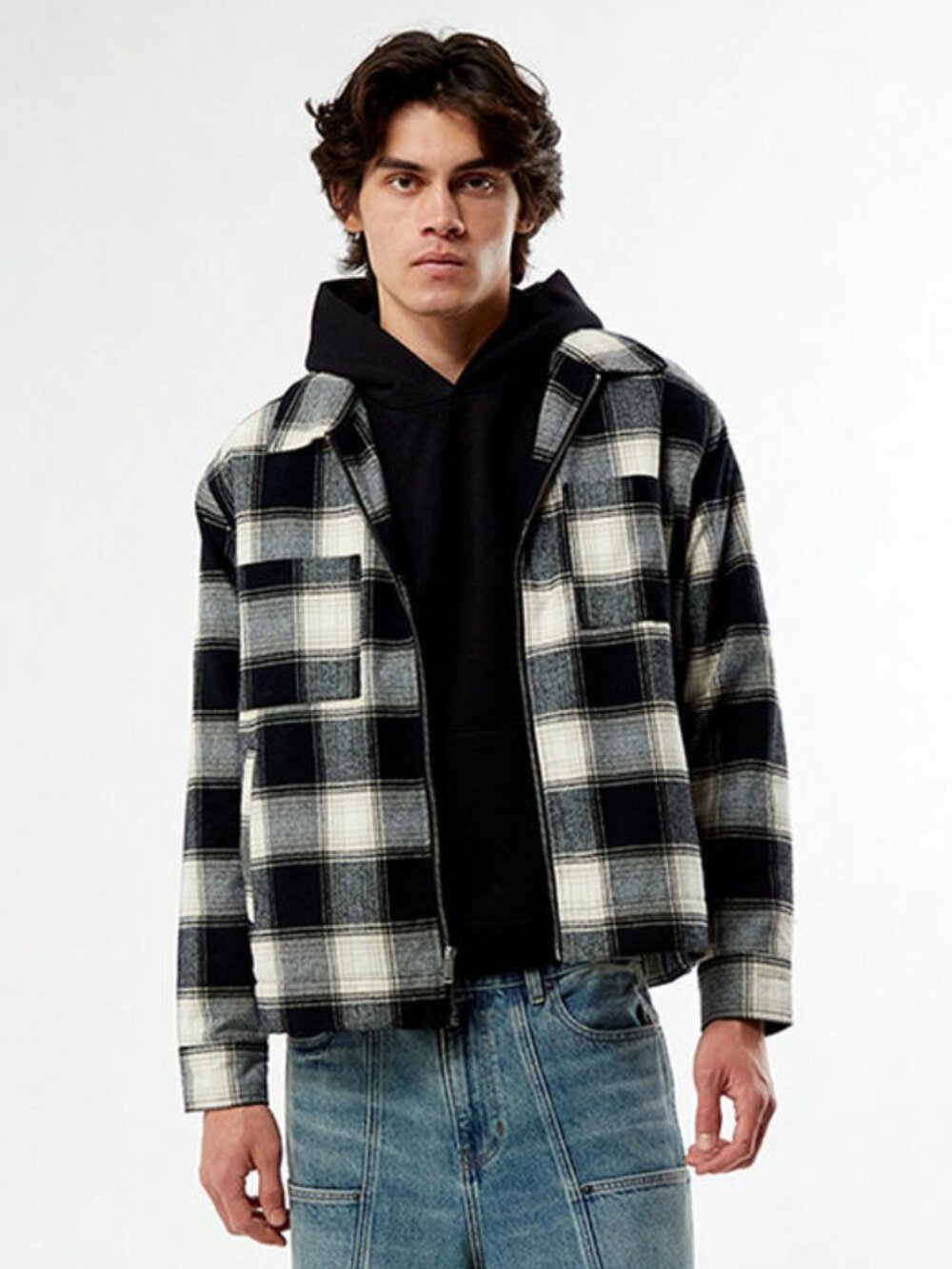 Pacsun Sherpa Plaid Full Zip Shacket Black White Unisex